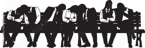Fotografie Black Solid Park Bench Lunchbreak Sleeping Silhouettes Set of Six on White Backg