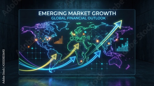 A vibrant digital map highlighting emerging market growth and global financial outlook with graphical data representations.