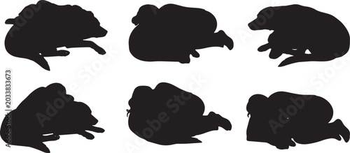 Fotografie Black Solid Pet Bonding Dog Sleeping Silhouettes Set of Six on White Background