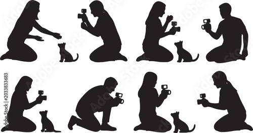 Foto Black Solid Pet Vlogger Floor Interacting Silhouettes Set of Six on White Backgr