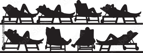 Cuadro en lienzo Black Solid Pool Sun Lounger Sleeping Silhouettes Set of Six on White Background