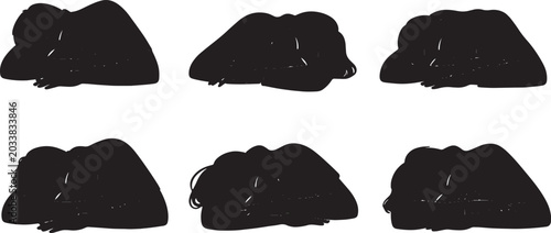 Cuadro en lienzo Black Solid Prone Stomach Sleeping Silhouettes Set of Six on White Background