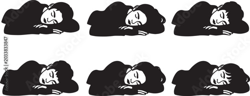 Obraz na płótnie Black Solid Prone Stomach Sleeping Silhouettes Set of Six on White Background
