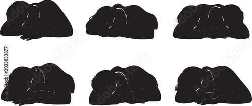 Foto Black Solid Prone Stomach Sleeping Silhouettes Set of Six on White Background