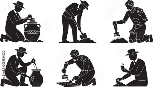 Tableau sur toile Black Solid Robot Archaeologist Digging Dirt Silhouettes Set of Six on White Bac
