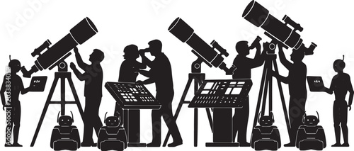 Black Solid Robot Astronomy Telescope Observing Silhouettes Set of Six on White Background