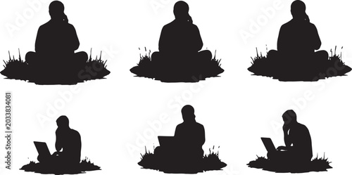 Tablou pe pânză Black Solid Park Laptop Phone Call Silhouettes Set of Six on White Background