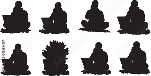Bilde på lerret Black Solid Park Laptop Phone Call Silhouettes Set of Six on White Background