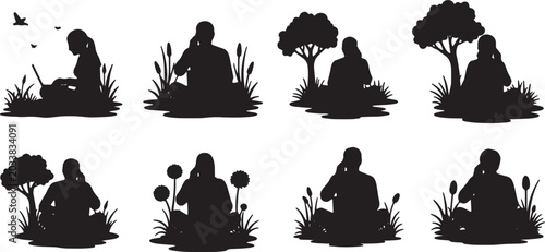 Obraz na plátně Black Solid Park Laptop Phone Call Silhouettes Set of Six on White Background