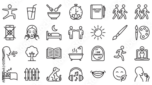 Healthy lifestyle and self care outline icon set with exercise hydration nutrition sleep mindfulness art and social wellness symbols