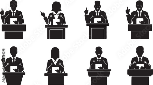Foto Black Solid Politician Podium Tablet Speech Silhouettes Set of Six on White Back