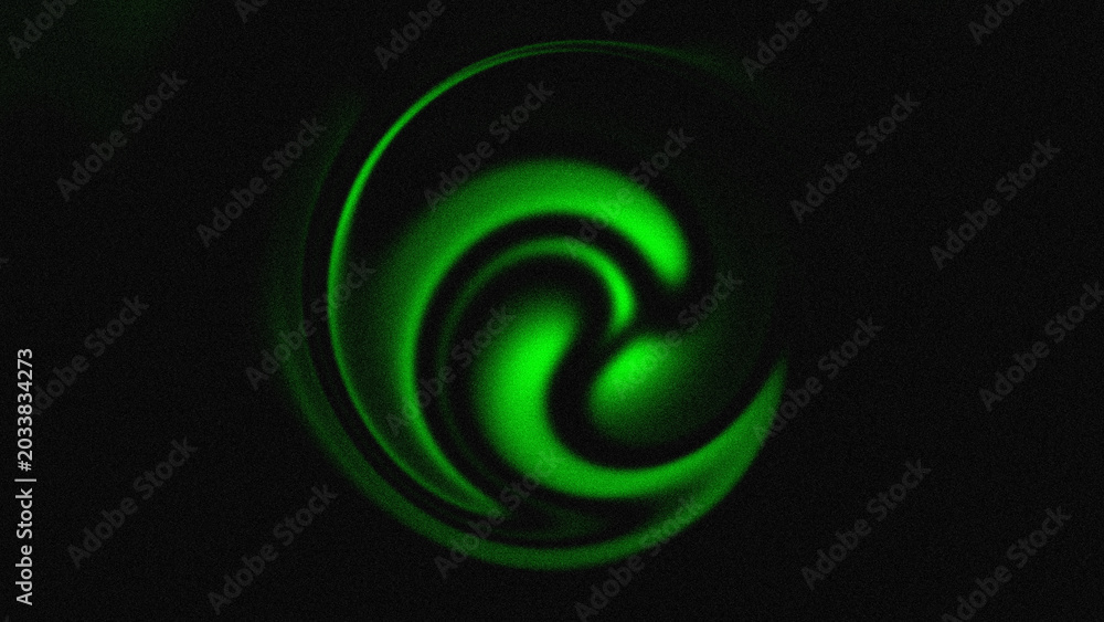 Naklejka premium Vibrant green swirls pulse softly against a deep black void. Energy flows in hypnotic, spiraling motion, glowing with inner light. Abstract form suggests movement, mystery, and organic rhythm