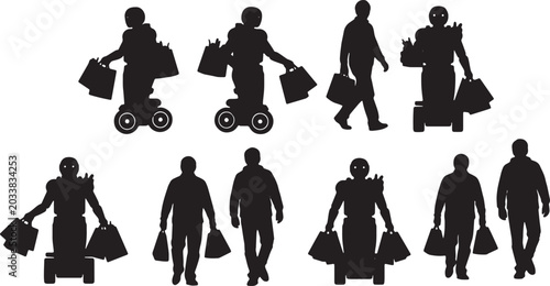 Fotografi Black Solid Robot Carrying Grocery Bag Silhouettes Set of Six on White Backgroun
