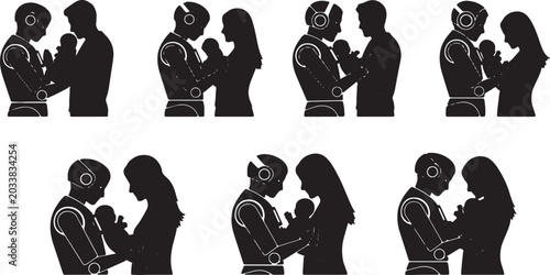 Black Solid Robot Caregiver Holding Baby Silhouettes Set of Six on White Background