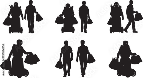 Картината върху платно Black Solid Robot Carrying Grocery Bag Silhouettes Set of Six on White Backgroun