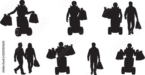 Картината върху платно Black Solid Robot Carrying Grocery Bag Silhouettes Set of Six on White Backgroun