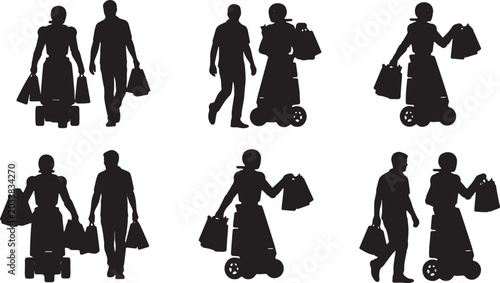 Billede på lærred Black Solid Robot Carrying Grocery Bag Silhouettes Set of Six on White Backgroun
