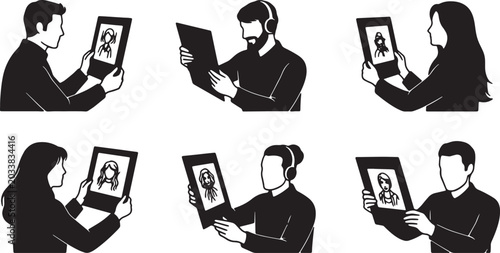 Schilderij op canvas Black Solid Remote Customer Support Apologizing Silhouettes Set of Six on White