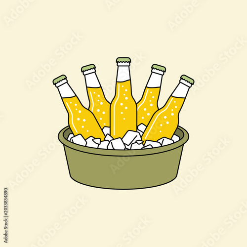 Schilderij op canvas Illustration of six yellow beer bottles with condensation in a green bucket fill