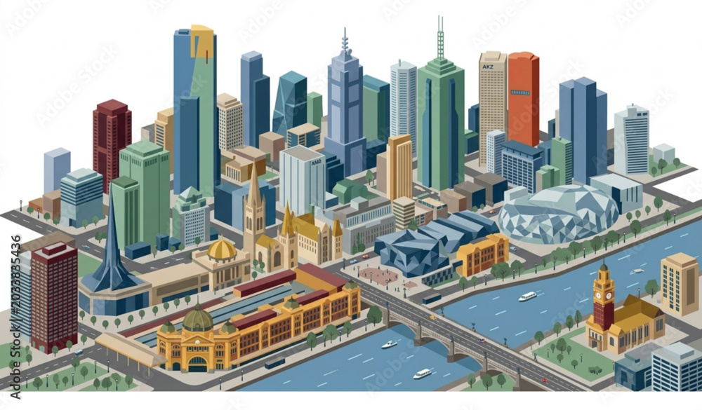 Obraz premium Isometric Melbourne Australia Cityscape Vector with Urban Architecture on White Background