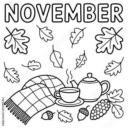 November coloring page with tea, plaid blanket, acorns, and falling leaves