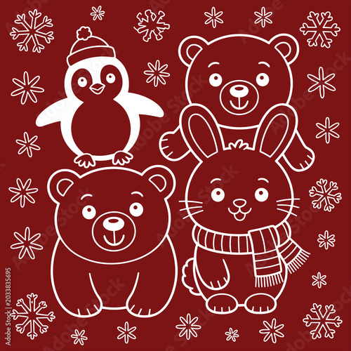 Penguin, bear, and rabbit characters with snowflakes on red background