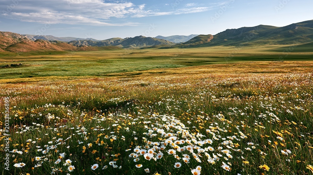 Fototapeta premium Vast Plateau Wild Flower Meadow, Colorful Highland Pastoral Widescreen Landscape