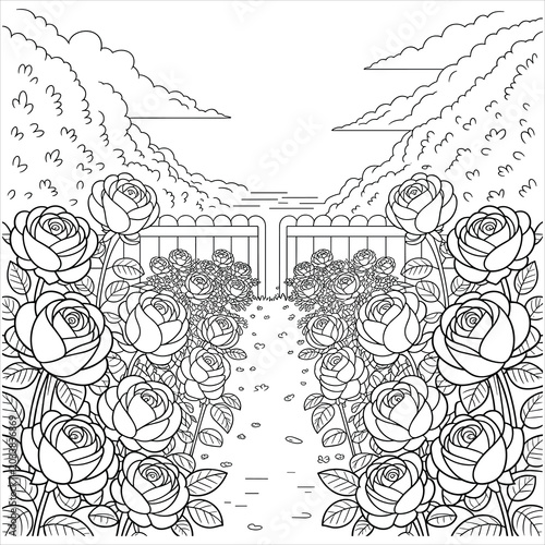 Rose garden path with picket fence, coloring page flowers