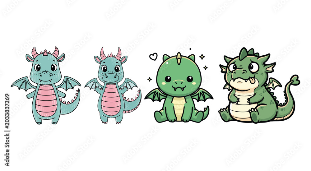 Fototapeta premium Cute cartoon baby dragons set