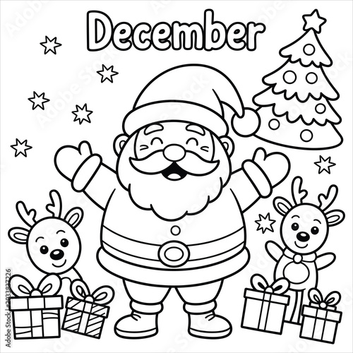 Santa claus with reindeer and christmas gifts, coloring page