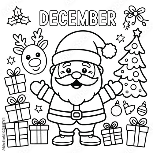 Santa claus with reindeer, christmas tree, and gifts, coloring page