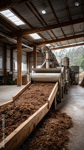 Food waste solutions recycling plant indoor conveyor processing organic composting material in barn with industrial machine and wooden chute