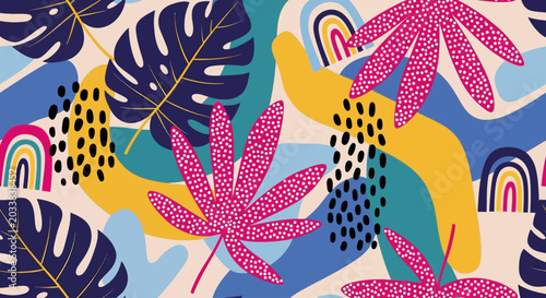 Photos Vibrant tropical leaf pattern with colorful rainbows, abstract background design