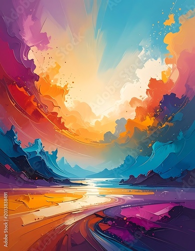 A vibrant colorful sunset over a serene beach with distant mountains