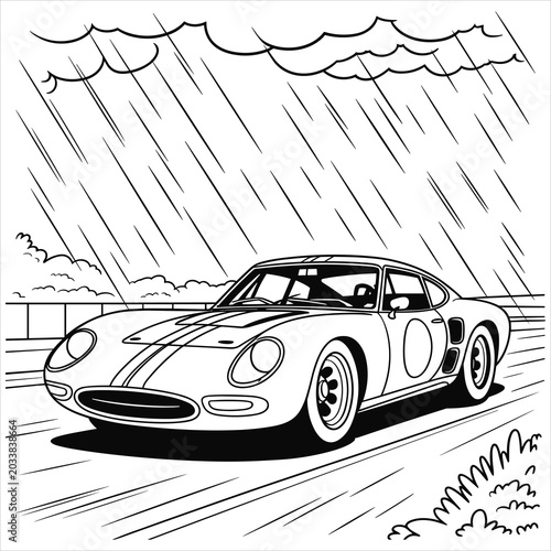 Vintage sports car driving on a rainy road, coloring page