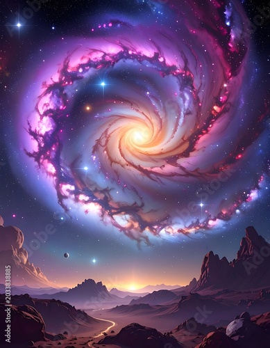 A vibrant purple and pink galaxy swirls above a rocky landscape