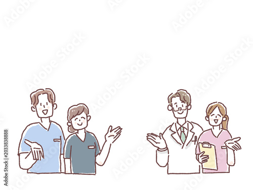 医師と看護師が手を広げて案内や紹介をする人物イラストセット
