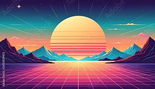 A vibrant digital art landscape with a large sun and mountains