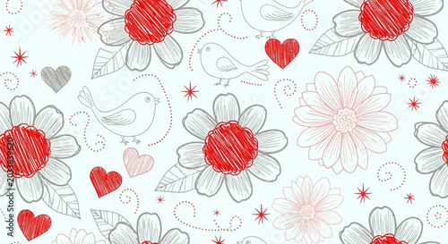 Konstfotografi Valentine's Day floral pattern with hearts and birds, romantic background