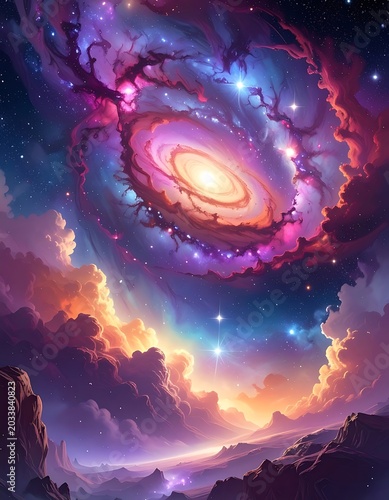 A vibrant galaxy with swirling purple and orange clouds