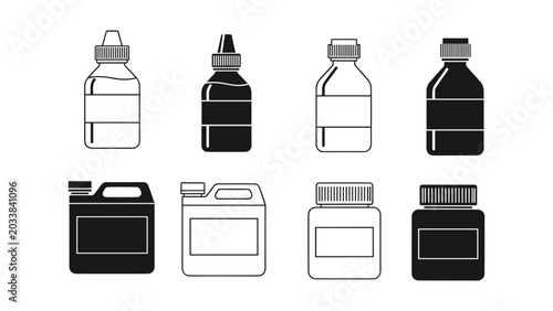 Photos Black and white illustration of various bottles and containers in different shap