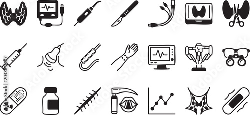 Set of medical and surgical icons for healthcare industry showing procedures tools laboratory equipment diagnostic instruments and specialized surgery accessories