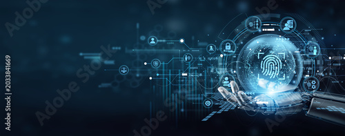 Konstfotografi Robot hand securely hold BIOMETRIC authentication icons to protect global identity data
