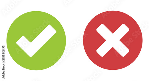 Green check mark and red cross mark icons on a transparent background, symbolizing approval and rejection. Modern, flat design for quick visual assessment of choices. Isolated PNG illustration