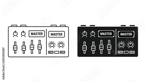 Tableau sur toile Audio mixer control panels with master faders and solo buttons in black and whit