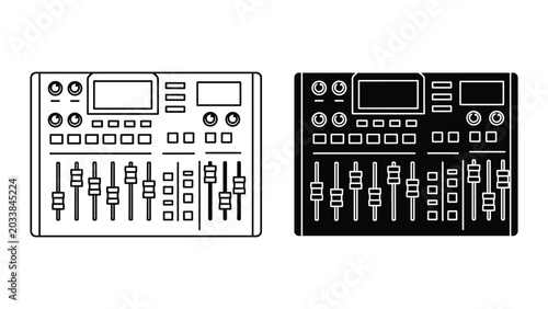 Cuadro en lienzo Vector illustration of two audio mixer control panels in black and white on whit