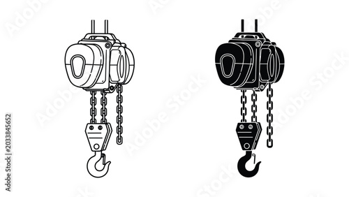 Foto Two different line style illustrations of a chain hoist with hook isolated on wh