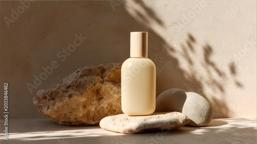 Soft stone minimalist display of natural skincare products in an artistic indoor setting
