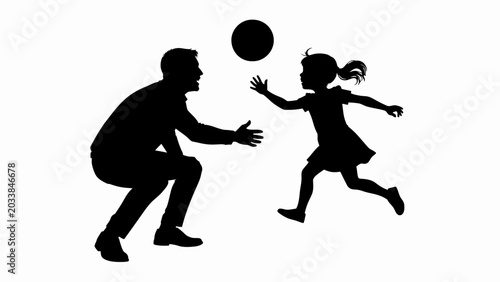 Photography Black silhouette father, daughter playing, catching ball, family fun, recreation