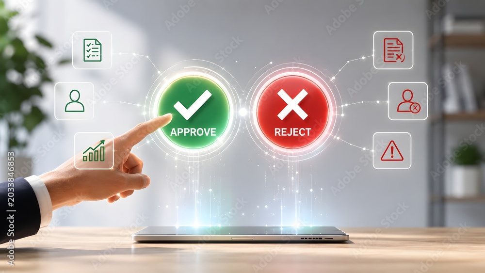 Fototapeta premium Corporate hand touching glowing green approve button on virtual futuristic interface above tablet representing digital workflow decision